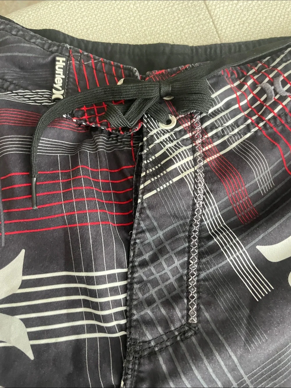 Hurley Black & Red Plaid Boardshorts with White Logos - Picture 2 of 6